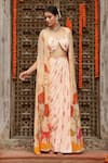 Buy_Gazab by Miku Kumar_Peach Muslin Printed Floral Bustier Plunge Levi Draped Skirt Set With Cape _at_Aza_Fashions