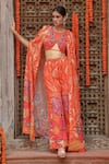 Buy_Gazab by Miku Kumar_Orange Georgette Printed Flower Bustier Plunge Keya Pant Set With Cape _at_Aza_Fashions