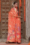 Shop_Gazab by Miku Kumar_Orange Georgette Printed Flower Bustier Plunge Keya Pant Set With Cape _at_Aza_Fashions