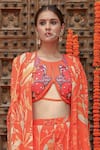 Buy_Gazab by Miku Kumar_Orange Georgette Printed Flower Bustier Plunge Keya Pant Set With Cape _Online_at_Aza_Fashions