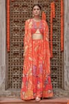 Shop_Gazab by Miku Kumar_Orange Georgette Printed Flower Bustier Plunge Keya Pant Set With Cape _Online_at_Aza_Fashions