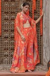 Buy_Gazab by Miku Kumar_Orange Georgette Printed Flower Bustier Plunge Keya Pant Set With Cape 