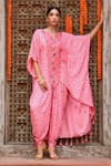 Buy_Gazab by Miku Kumar_Pink Muslin Printed Floral Butta Notched Eta Kaftan With Dhoti Pant _at_Aza_Fashions