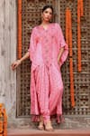 Gazab by Miku Kumar_Pink Muslin Printed Floral Butta Notched Eta Kaftan With Dhoti Pant _Online_at_Aza_Fashions