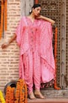 Buy_Gazab by Miku Kumar_Pink Muslin Printed Floral Butta Notched Eta Kaftan With Dhoti Pant _Online_at_Aza_Fashions