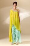 Buy_Samyukta Singhania_Yellow Crepe Mirrors, Beads Asymmetric Hand Embroidered Tunic With Palazzo