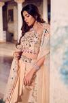 Swish By Dolcy And Simran_Peach Crepe Embroidered Mirror Cape Open Sahiba Scallop Draped Skirt Set _at_Aza_Fashions