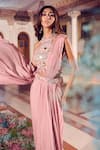 Swish By Dolcy And Simran_Rose Gold Crepe Embroidered Mirror Halter Pre-draped Skirt Saree With Bustier _at_Aza_Fashions