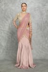 Buy_Tanu Malhotra_Purple Net Embroidery Sequins Plunge V-neck Fishcut Pre-draped Saree With Blouse _at_Aza_Fashions