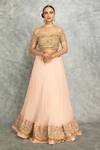 Tanu Malhotra_Peach Blouse Net Embroidery Sequins Off Shoulder Floral Lehenga Set _Online_at_Aza_Fashions