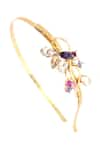 Shop_ORNAMAAS_Peach Cubic Zirconia Inflorescence Flower Vine Headband _at_Aza_Fashions