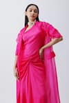 Richa Khemka_Pink Modal Satin Ruched Dress Asymmetric Cherry Blossom With Trench Coat _Online_at_Aza_Fashions