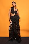 Richa Khemka_Black Organza Cutwork Notched Lapel Deutsche Pant Set With Skirt _Online_at_Aza_Fashions