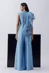 Shop_Richa Khemka_Blue Silk Printed Sequin V Neck Helle Drape Attached Jumpsuit _at_Aza_Fashions