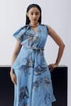 Richa Khemka_Blue Silk Printed Sequin V Neck Helle Drape Attached Jumpsuit _Online_at_Aza_Fashions