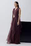 Richa Khemka_Burgundy Organza V Neck Scarlet Jumpsuit With Overlay _Online_at_Aza_Fashions