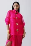 Shop_Richa Khemka_Pink Organza Collared Starglaze Shirt And Sarong Skirt Set _at_Aza_Fashions