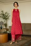 Sarang Kaur_Red Kurta Satin Georgette Hand Embroidery Sequin Keyhole Maitreyi With Pant _Online_at_Aza_Fashions