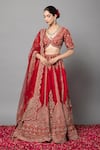 Buy_mehar_Red Raw Silk Hand Embroidered Zardozi V Neck Bridal Lehenga Blouse Set _Online_at_Aza_Fashions