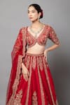 mehar_Red Raw Silk Hand Embroidered Zardozi V Neck Bridal Lehenga Blouse Set _at_Aza_Fashions