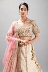 Buy_mehar_Cream Raw Silk Hand Embroidered Zardozi V Neck Floral Lehenga Blouse Set _Online_at_Aza_Fashions