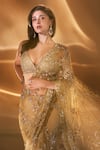 Shop_Seema Gujral_Gold Net Embroidered Sequins Plunged Sweetheart Floral Saree With Blouse _Online_at_Aza_Fashions