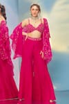 Buy_Aariyana Couture_Pink Cape Silk Organza Hand Embroidery Floral Bustier V Neck And Sharara Set _at_Aza_Fashions