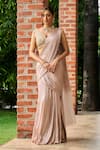 Buy_Ohaila Khan_Beige Satin Embellished Mirror Blunt V Neck Tara Pre-stitched Saree With Blouse _at_Aza_Fashions