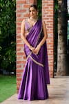 Buy_Ohaila Khan_Purple Satin Embellished Pearl Zhavia Border Pre-draped Saree With Blouse _at_Aza_Fashions