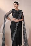 Shop_Chaashni by Maansi and Ketan_Black Lycra Embroidered Resham Floral Border Pre-draped Saree With Blouse _Online_at_Aza_Fashions