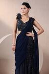 Chaashni by Maansi and Ketan_Blue Georgette Embroidered Resham Sweetheart Pre-draped Saree With Blouse _at_Aza_Fashions