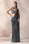 Chaashni by Maansi and Ketan_Grey Lycra Embroidered Nalki High Pre-draped Saree With Blouse _Online_at_Aza_Fashions