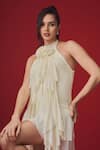 Shop_Label Frow_Cream Matte Lycra Applique Floral Halter Neck Sandy Dress _Online_at_Aza_Fashions