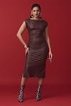 Buy_Label Frow_Brown Lycra Plain Boat Neck Alex Midi Dress _at_Aza_Fashions