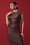 Buy_Label Frow_Brown Lycra Plain Boat Neck Alex Midi Dress _Online_at_Aza_Fashions