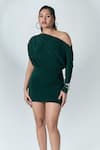 Label Frow_Green Lycra Plain Asymmetric Neck Donna Mini Draped Dress _Online_at_Aza_Fashions