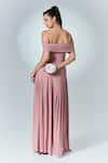 Label Frow_Pink Matte Lycra Plain Straight Neck Pia Off Shoulder Gown _Online_at_Aza_Fashions