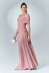 Label Frow_Pink Matte Lycra Plain Straight Neck Pia Off Shoulder Gown _at_Aza_Fashions