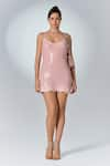 Buy_Label Frow_Pink Sequins Viscose Embellished V Neck Sugar Mini Dress _Online_at_Aza_Fashions