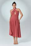 Buy_Label Frow_Pink Crepe Plain Halter Neck Rosette Breeze Midi Dress _at_Aza_Fashions