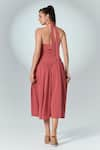 Label Frow_Pink Crepe Plain Halter Neck Rosette Breeze Midi Dress _Online_at_Aza_Fashions