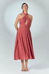 Buy_Label Frow_Pink Crepe Plain Halter Neck Rosette Breeze Midi Dress _Online_at_Aza_Fashions