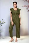 Buy_Samyukta Singhania_Green Cotton Square Palm Spring Pleat Detailed Jumpsuit _at_Aza_Fashions