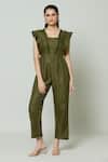 Buy_Samyukta Singhania_Green Cotton Square Palm Spring Pleat Detailed Jumpsuit 