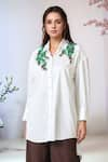 Buy_AK-OK_White Placement Embroidery Beads Collared Abstract Yoke Shirt _at_Aza_Fashions