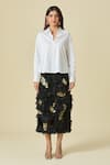 AK-OK_White Embellished Skirt Coins Collared Asymmetric Shirt With Ruffled _Online_at_Aza_Fashions