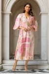 Buy_Pankaj & Nidhi_Pink Print Floral V Neck Dress _at_Aza_Fashions