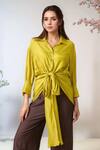 Buy_Shweta Kapoor_Green Plain Collared Neck Ace Draped Shirt _at_Aza_Fashions