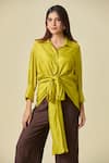 Shop_Shweta Kapoor_Green Plain Collared Neck Ace Draped Shirt _Online_at_Aza_Fashions