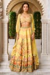 Buy_Kalista_Yellow Sequins, Beads, Embroidery Sweetheart Floral Chevron Print Lehenga Set _at_Aza_Fashions